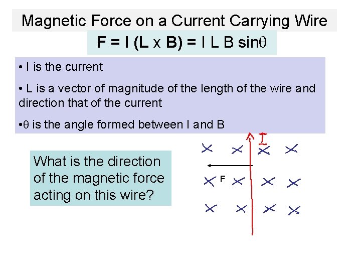 Magnetic Force on a Current Carrying Wire F = I (L x B) =