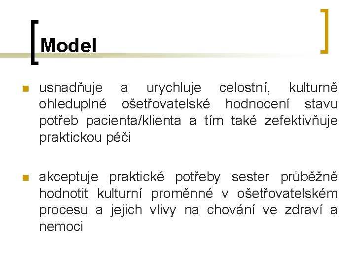 Model n usnadňuje a urychluje celostní, kulturně ohleduplné ošetřovatelské hodnocení stavu potřeb pacienta/klienta a Model n usnadňuje a urychluje celostní, kulturně ohleduplné ošetřovatelské hodnocení stavu potřeb pacienta/klienta a