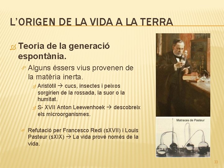 L’ORIGEN DE LA VIDA A LA TERRA Teoria de la generació espontània. Alguns éssers