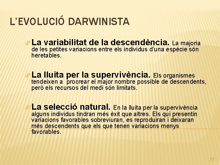 L’EVOLUCIÓ DARWINISTA La variabilitat de la descendència. La majoria de les petites variacions entre