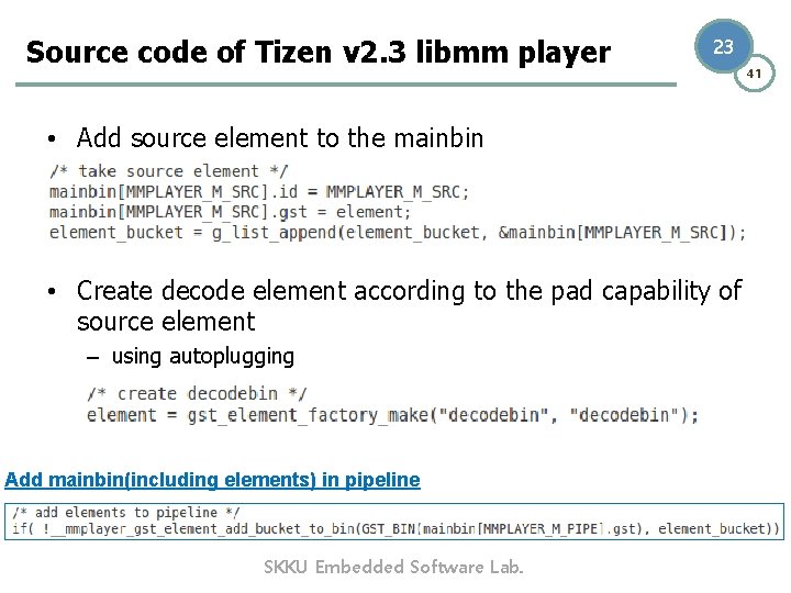 Source code of Tizen v 2. 3 libmm player 23 • Add source element