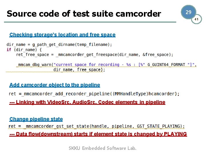 Source code of test suite camcorder 29 Checking storage’s location and free space Add