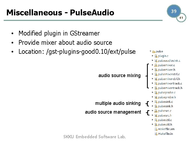 Miscellaneous - Pulse. Audio • Modified plugin in GStreamer • Provide mixer about audio