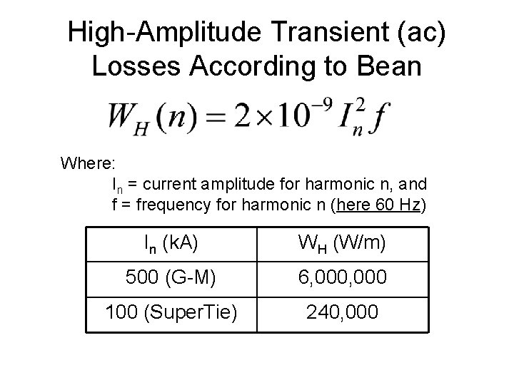 High-Amplitude Transient (ac) Losses According to Bean Where: In = current amplitude for harmonic