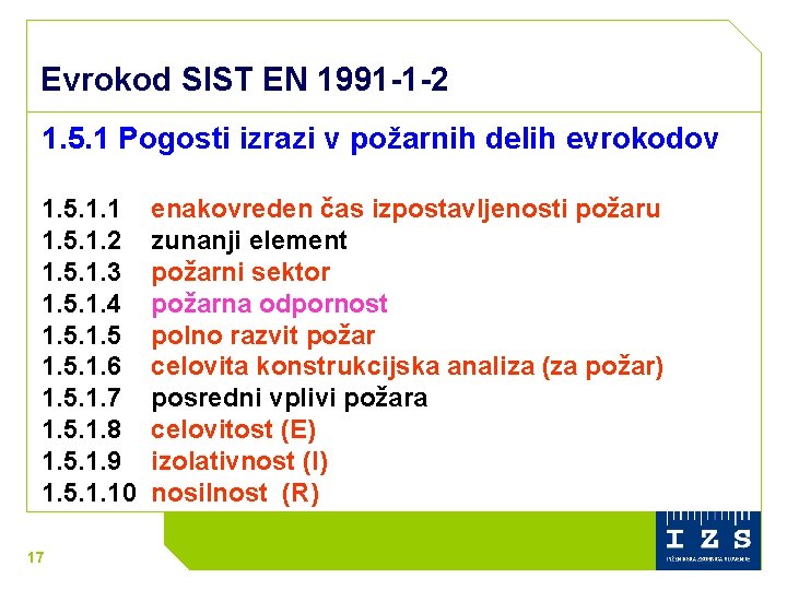 Evrokod SIST EN 1991 -1 -2 1. 5. 1 Pogosti izrazi v požarnih delih