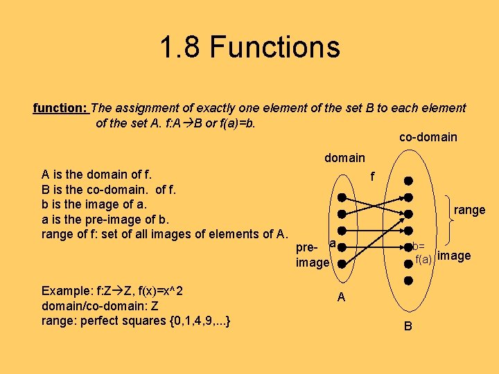 1. 8 Functions function: The assignment of exactly one element of the set B