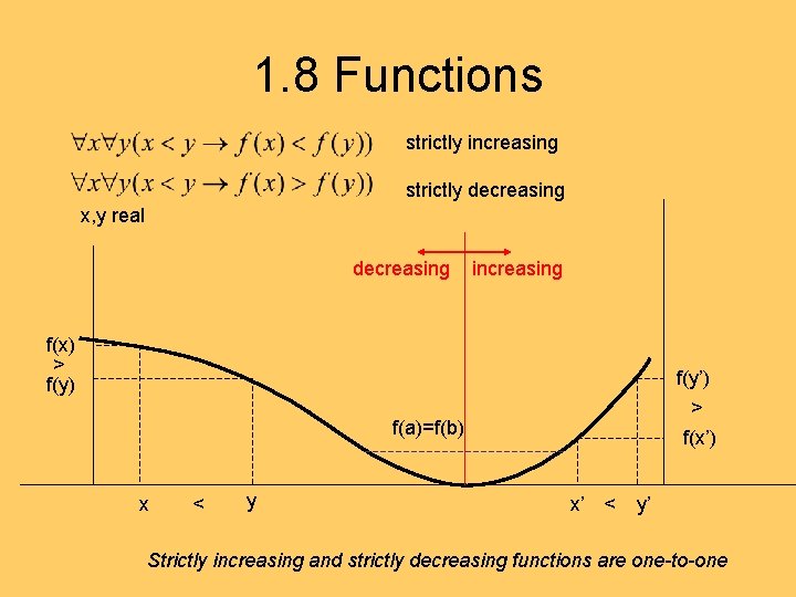 1. 8 Functions strictly increasing strictly decreasing x, y real decreasing increasing f(x) >