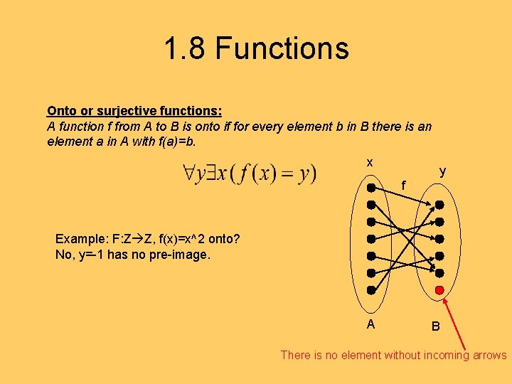 1. 8 Functions Onto or surjective functions: A function f from A to B