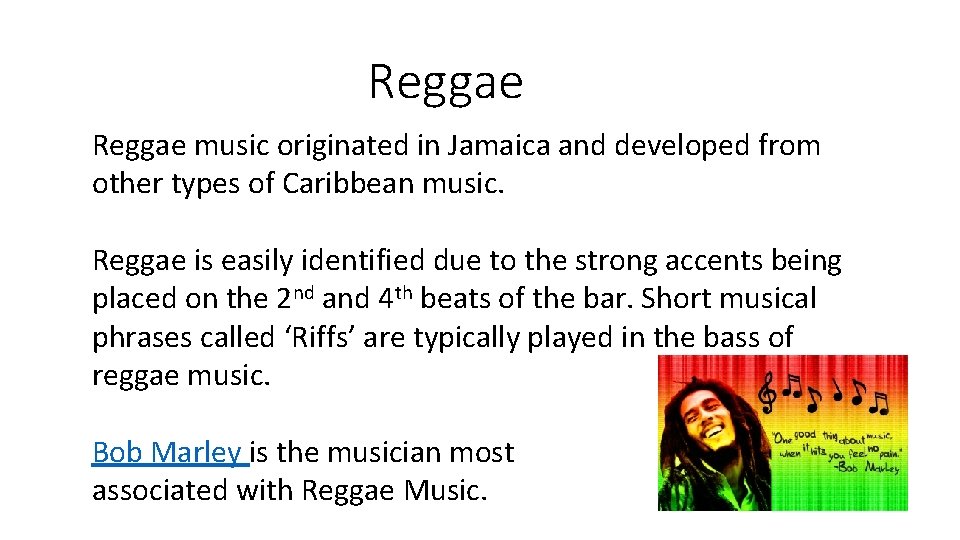 Reggae music originated in Jamaica and developed from other types of Caribbean music. Reggae Reggae music originated in Jamaica and developed from other types of Caribbean music. Reggae
