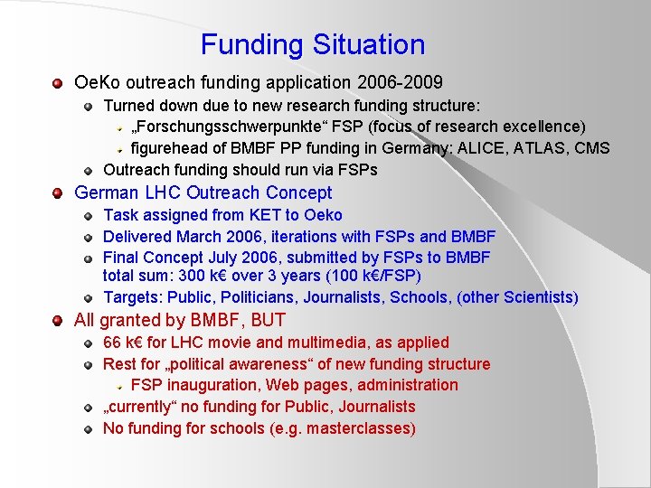 Funding Situation Oe. Ko outreach funding application 2006 -2009 Turned down due to new