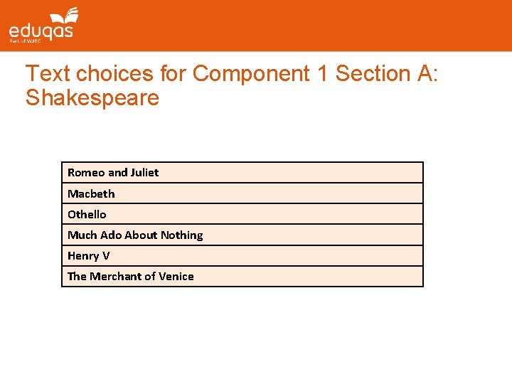 Text choices for Component 1 Section A: Shakespeare Romeo and Juliet Macbeth Othello Much