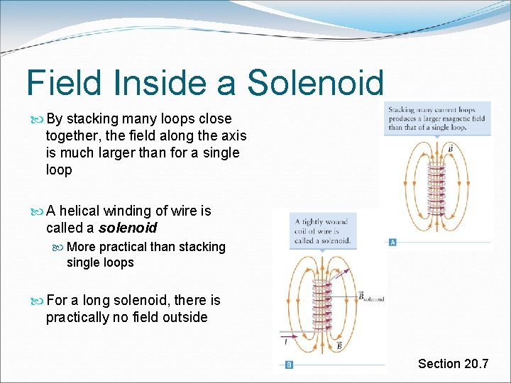 Field Inside a Solenoid By stacking many loops close together, the field along the