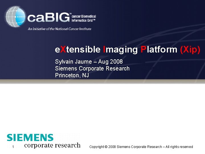 e. Xtensible Imaging Platform (Xip) Sylvain Jaume – Aug 2008 Siemens Corporate Research Princeton,