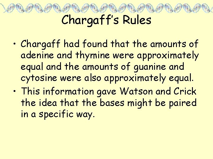 Chargaff’s Rules • Chargaff had found that the amounts of adenine and thymine were