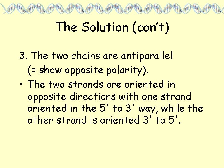 The Solution (con’t) 3. The two chains are antiparallel (= show opposite polarity). •