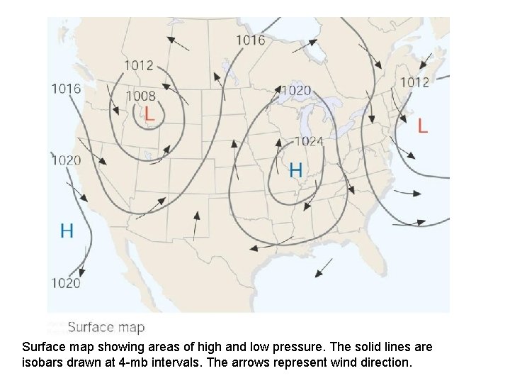 Surface map showing areas of high and low pressure. The solid lines are isobars