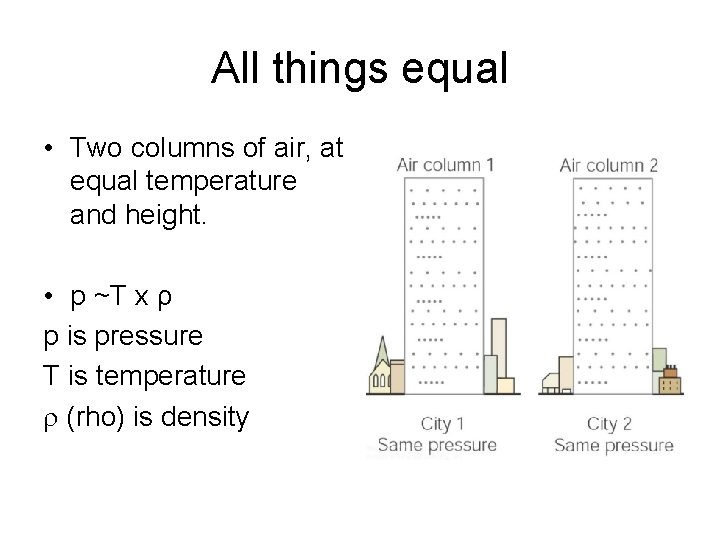 All things equal • Two columns of air, at equal temperature and height. •