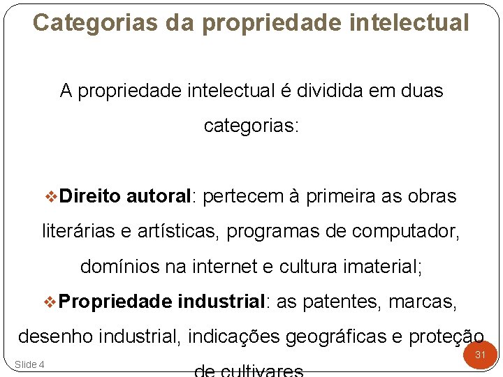 Categorias da propriedade intelectual A propriedade intelectual é dividida em duas categorias: v. Direito