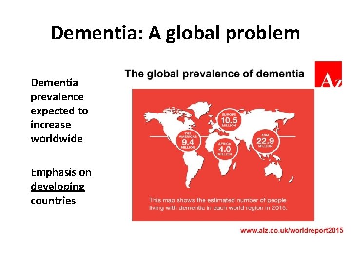 Dementia: A global problem Dementia prevalence expected to increase worldwide Emphasis on developing countries