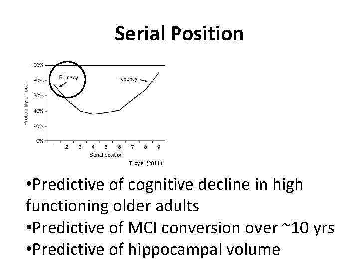 Serial Position Troyer (2011) • Predictive of cognitive decline in high functioning older adults