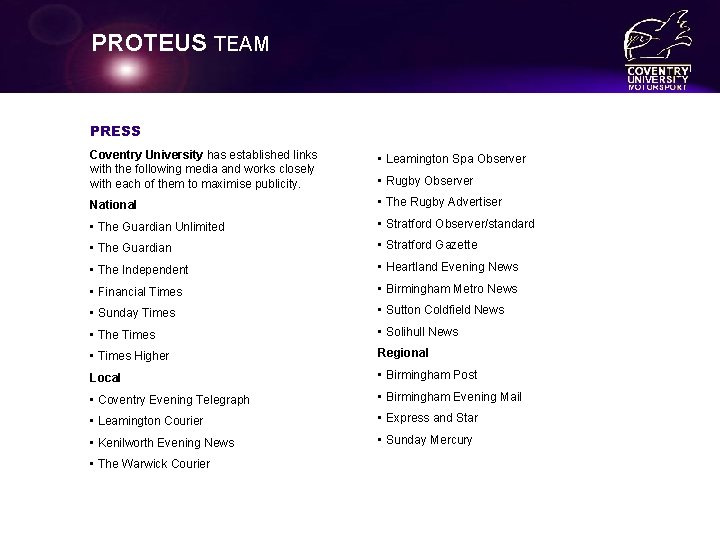 PROTEUS TEAM PRESS Coventry University has established links with the following media and works