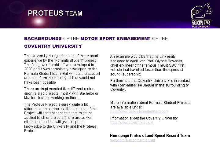 PROTEUS TEAM BACKGROUNDS OF THE MOTOR SPORT ENGAGEMENT OF THE COVENTRY UNIVERSITY The University