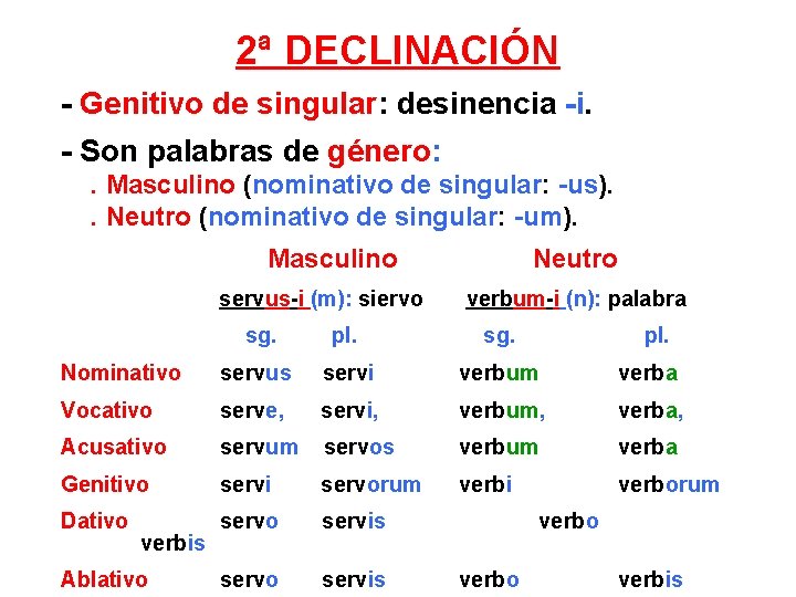 2ª DECLINACIÓN - Genitivo de singular: desinencia -i. - Son palabras de género: .