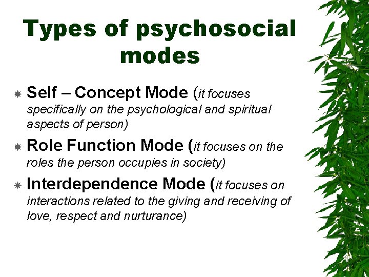 Types of psychosocial modes Self – Concept Mode (it focuses specifically on the psychological