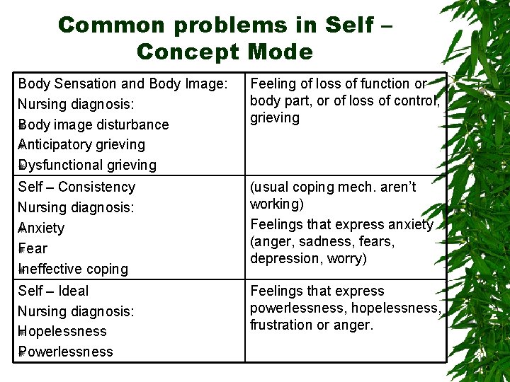 Common problems in Self – Concept Mode Body Sensation and Body Image: Nursing diagnosis: