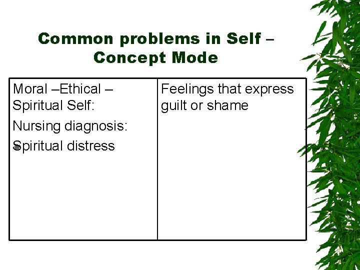 Common problems in Self – Concept Mode Moral –Ethical – Spiritual Self: Nursing diagnosis: