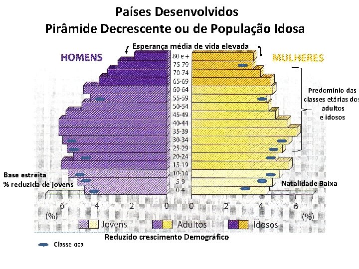 Países Desenvolvidos Pirâmide Decrescente ou de População Idosa Esperança média de vida elevada Predomínio