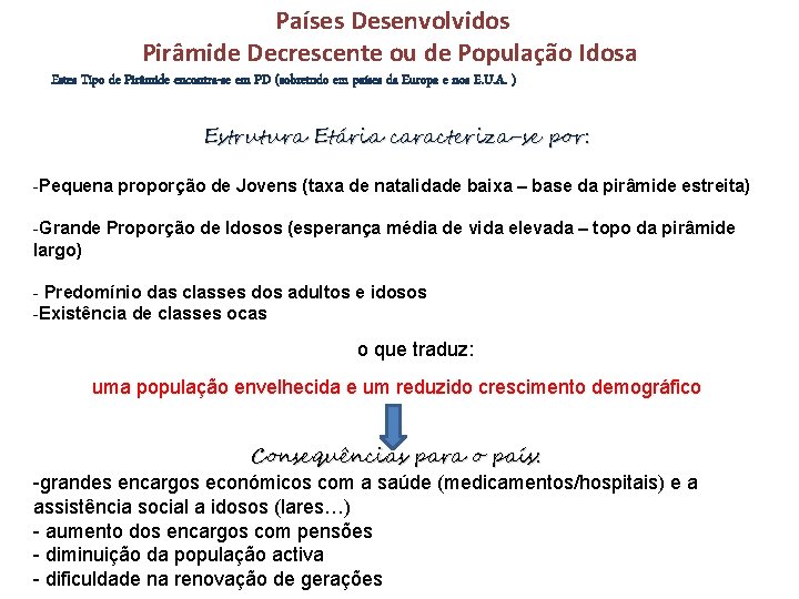 Países Desenvolvidos Pirâmide Decrescente ou de População Idosa Estes Tipo de Pirâmide encontra-se em