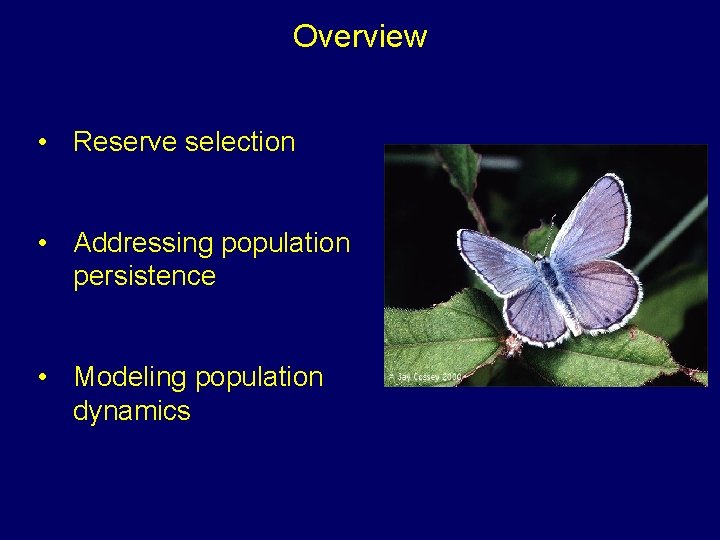 Overview • Reserve selection • Addressing population persistence • Modeling population dynamics 