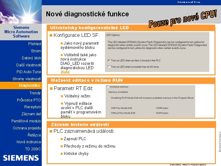 SIMATICSiemens S 7 -200 Micro Automation Software Overview Automation and Drives Nové diagnostické funkce