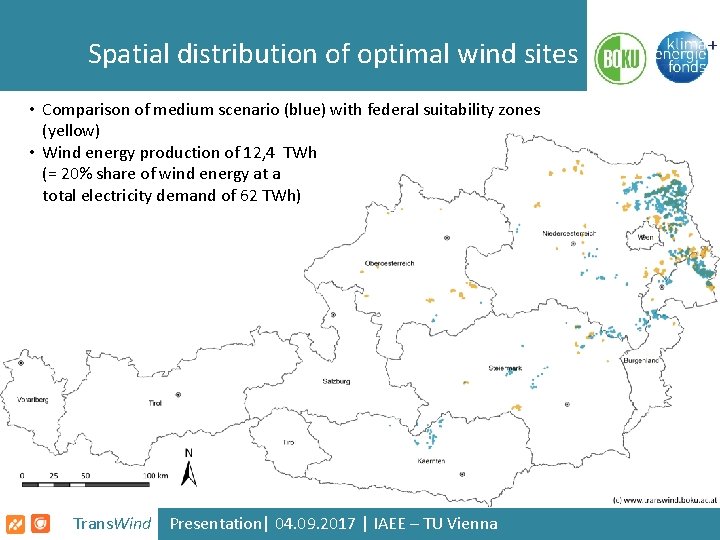 Spatial distribution of optimal wind sites • Comparison of medium scenario (blue) with federal