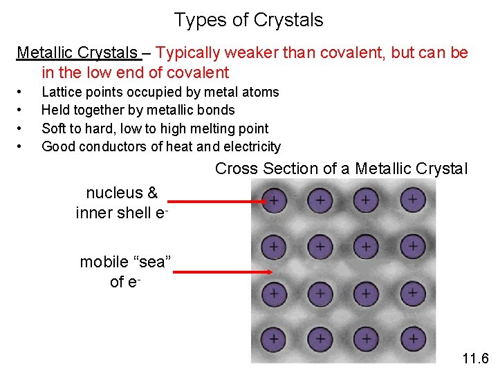 Types of Crystals Metallic Crystals – Typically weaker than covalent, but can be in