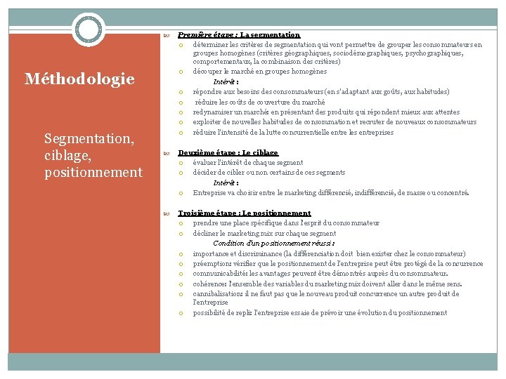  Méthodologie Segmentation, ciblage, positionnement Première étape : La segmentation déterminer les critères de