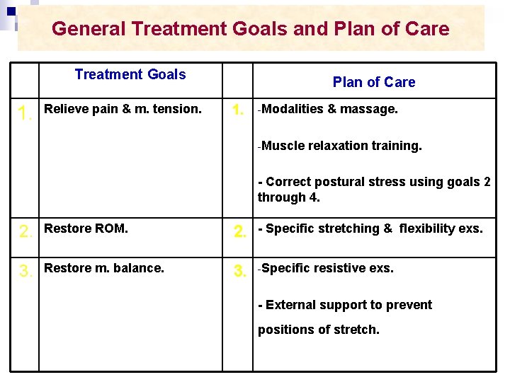 General Treatment Goals and Plan of Care Treatment Goals 1. Relieve pain & m.