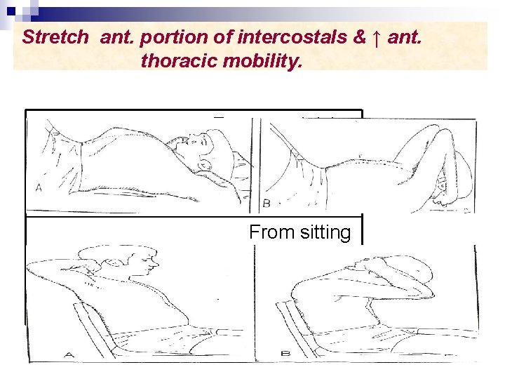 Stretch ant. portion of intercostals & ↑ ant. thoracic mobility. From crock lying From