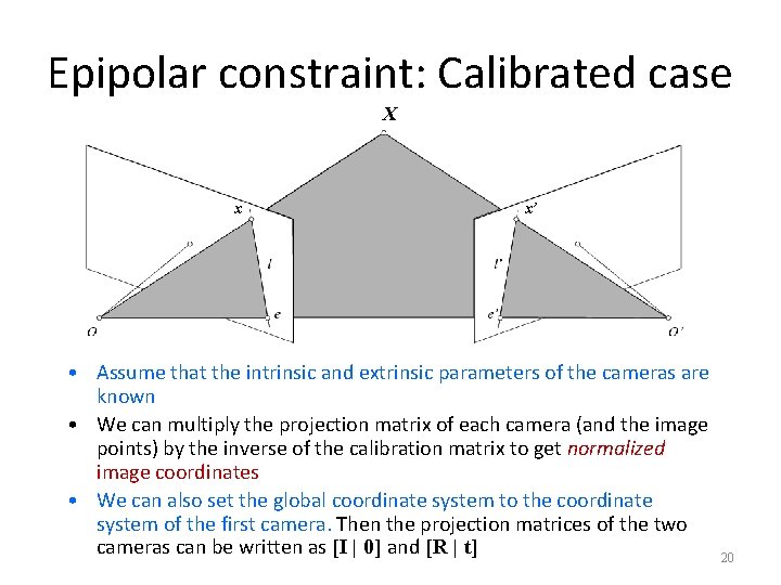 Epipolar constraint: Calibrated case X x x’ • Assume that the intrinsic and extrinsic