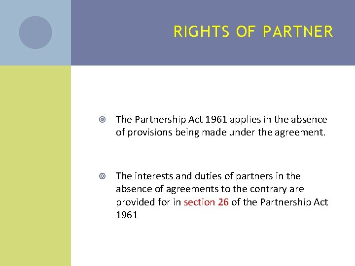 RIGHTS OF PARTNER The Partnership Act 1961 applies in the absence of provisions being