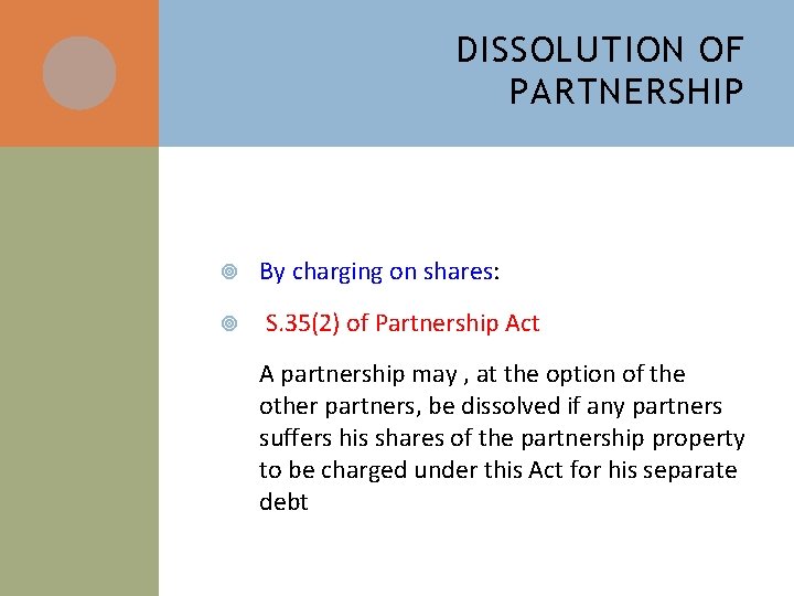 DISSOLUTION OF PARTNERSHIP By charging on shares: S. 35(2) of Partnership Act A partnership