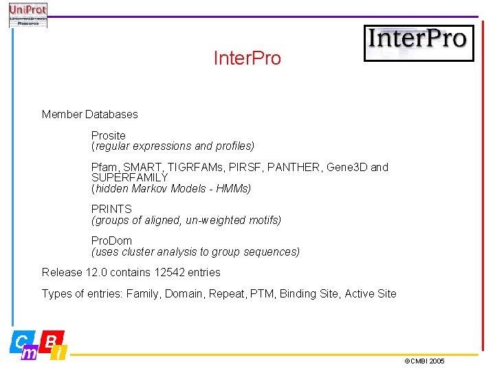 Inter. Pro Member Databases Prosite (regular expressions and profiles) Pfam, SMART, TIGRFAMs, PIRSF, PANTHER,