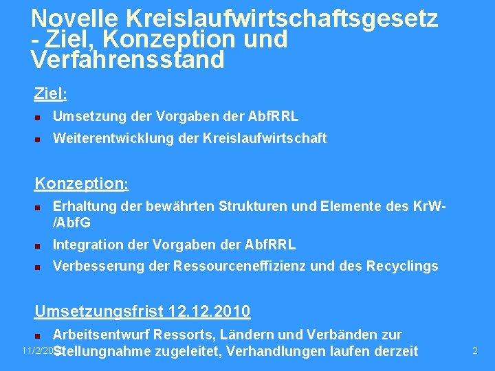 Novelle Kreislaufwirtschaftsgesetz - Ziel, Konzeption und Verfahrensstand Ziel: n Umsetzung der Vorgaben der Abf.