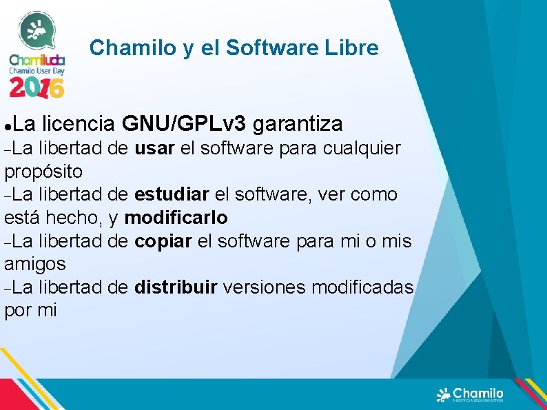 Chamilo y el Software Libre La licencia GNU/GPLv 3 garantiza La libertad de usar Chamilo y el Software Libre La licencia GNU/GPLv 3 garantiza La libertad de usar