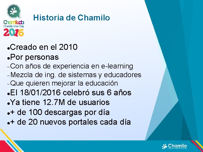 Historia de Chamilo Creado en el 2010 Por personas Con años de experiencia en Historia de Chamilo Creado en el 2010 Por personas Con años de experiencia en