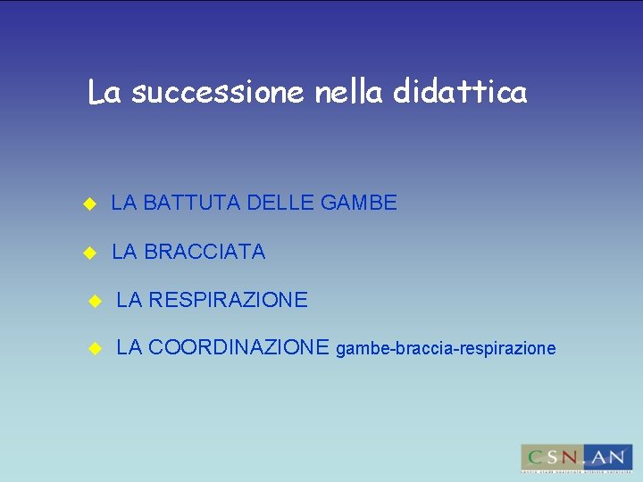 La successione nella didattica LA BATTUTA DELLE GAMBE LA BRACCIATA LA RESPIRAZIONE LA COORDINAZIONE