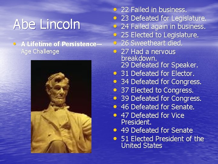 Abe Lincoln • A Lifetime of Persistence— Age Challenge • • • • 22