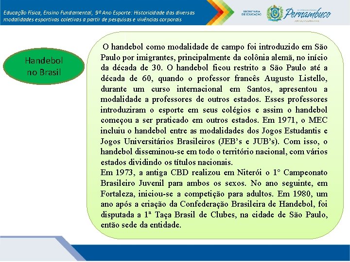 Educação Física, Ensino Fundamental, 9º Ano Esporte: Historicidade das diversas modalidades esportivas coletivas a