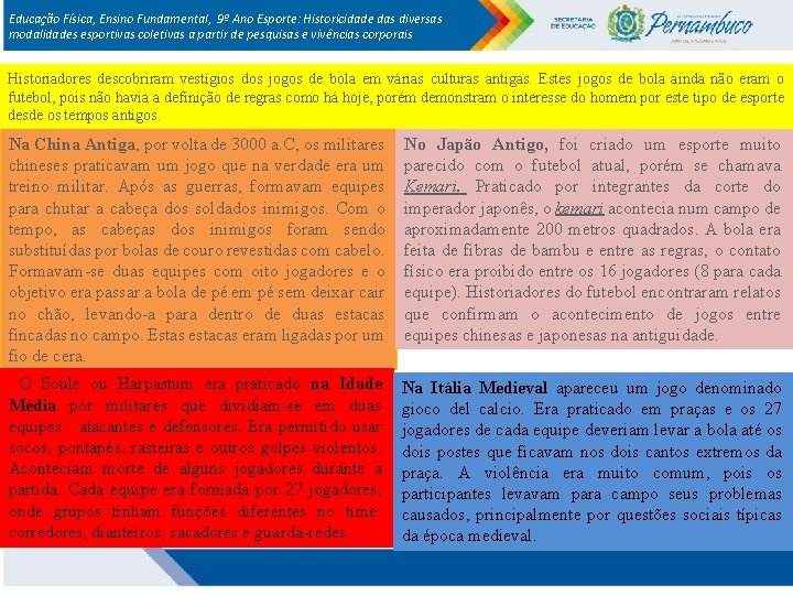 Educação Física, Ensino Fundamental, 9º Ano Esporte: Historicidade das diversas modalidades esportivas coletivas a